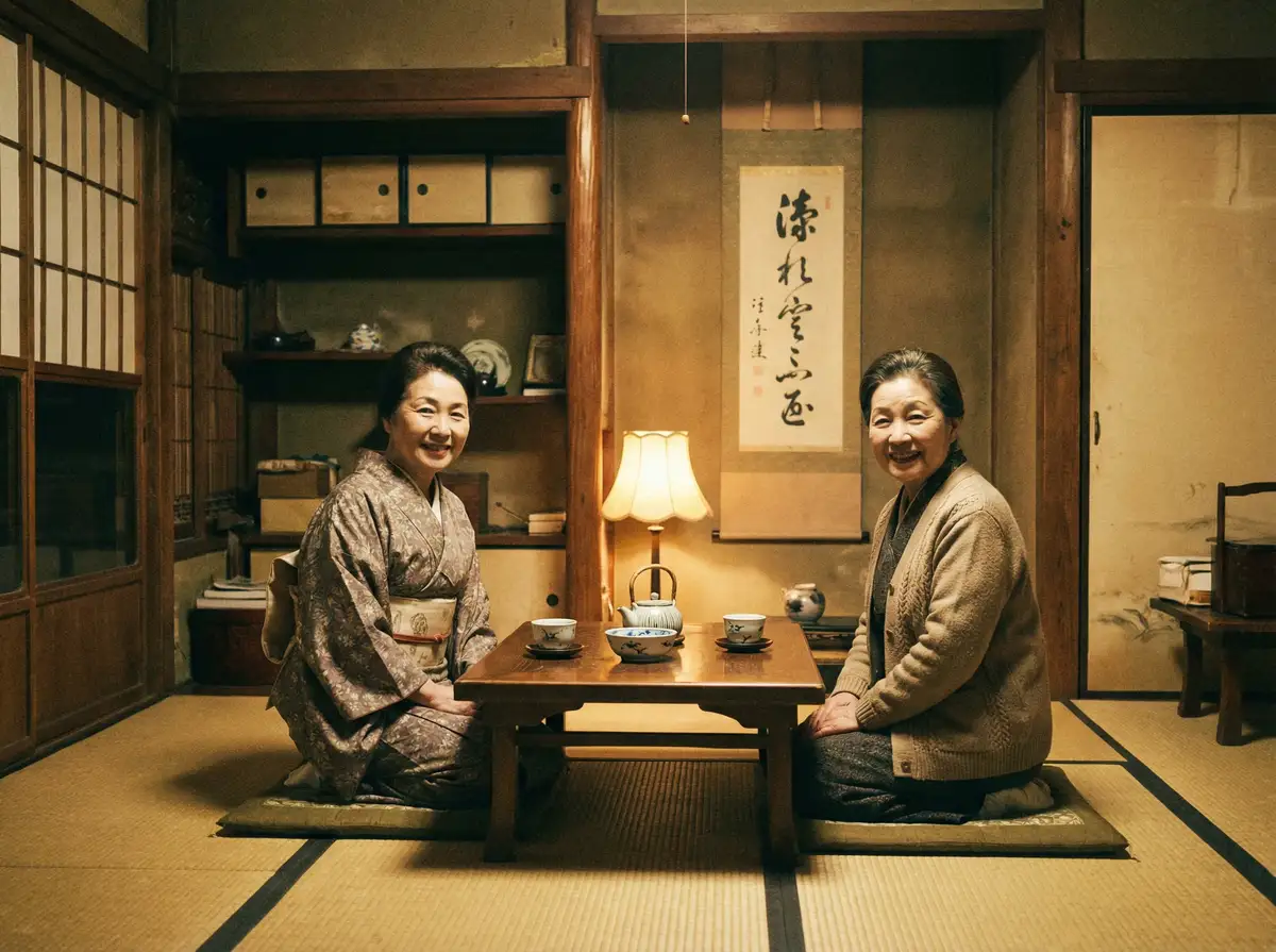 两位优雅的 飞亚体育网站 在日式茶室中品茶交谈